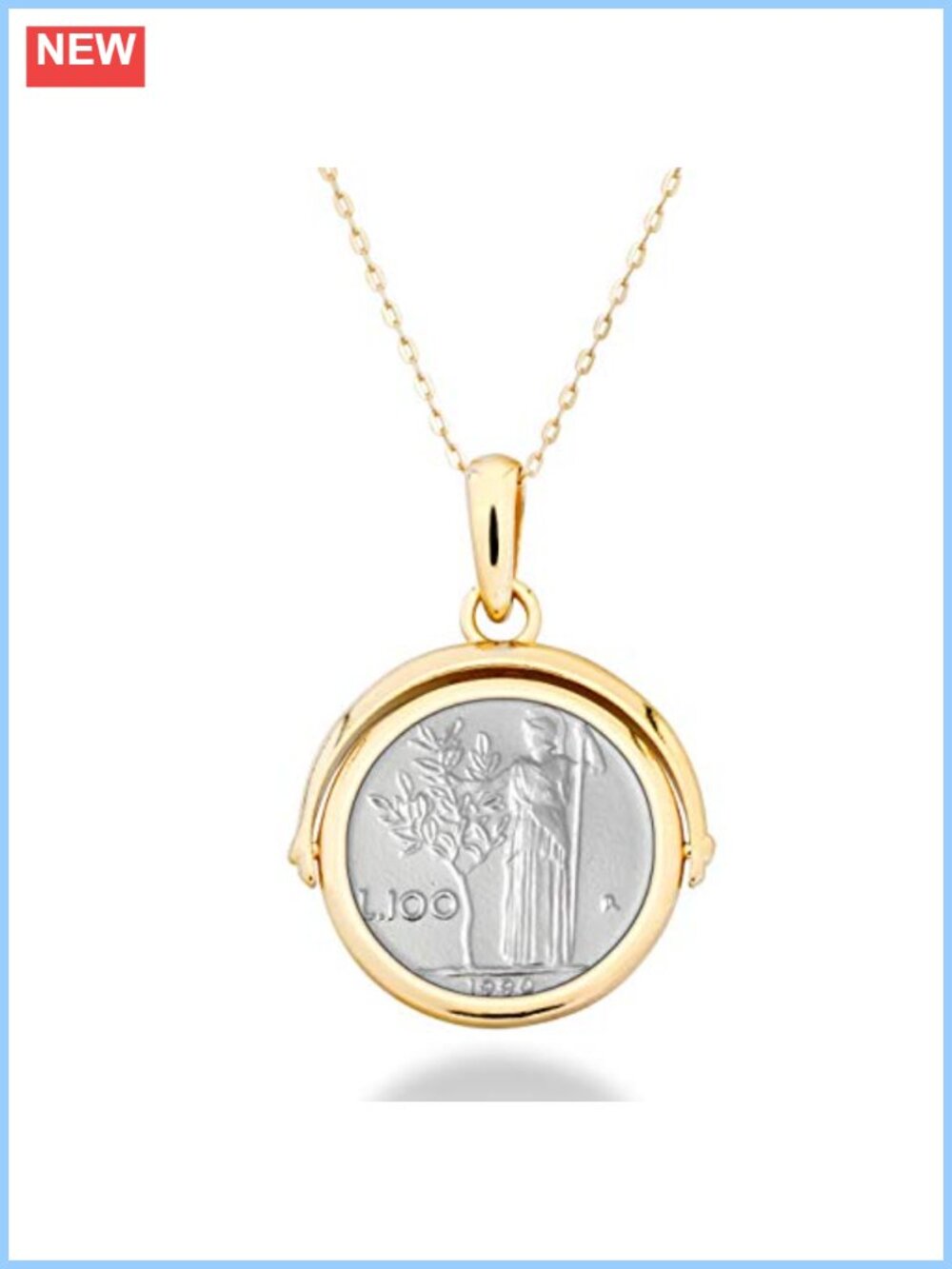 18K Gold Plated Sterling Silver Reversible Lira Coin Pendant Necklace Italy